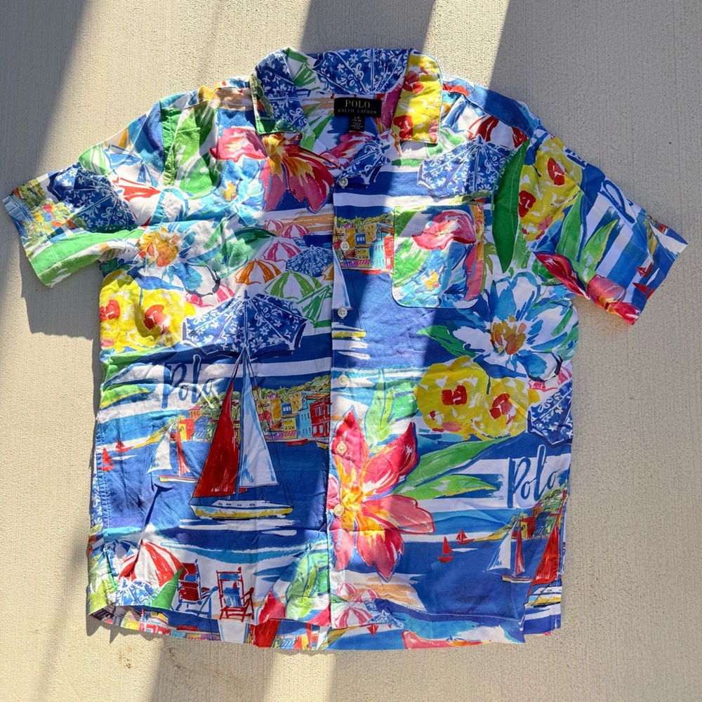 Polo Ralph Lauren Large 14-16 Riviera Scenic Camp Shirt Sailboat Beach Print